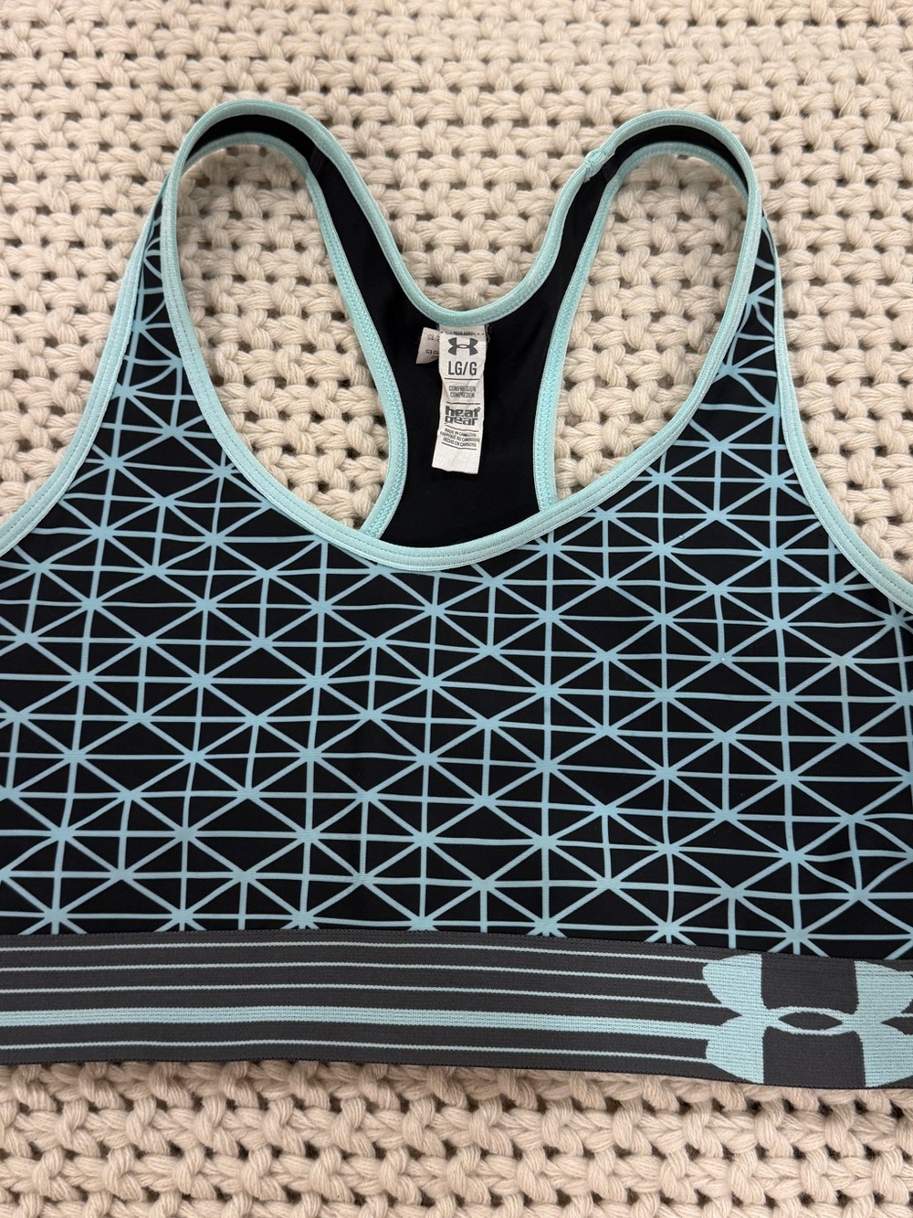 LG Women’s Black Sports Bra with Light Blue Geometric Print